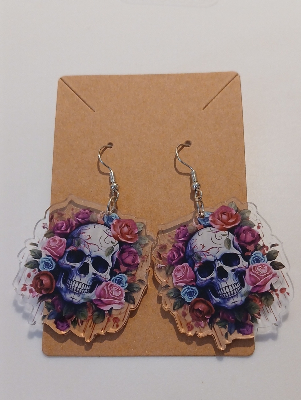 Fashion Jewelry Skull & Rose Acrylic Drop Earrings - Purple, Pink & Blue
